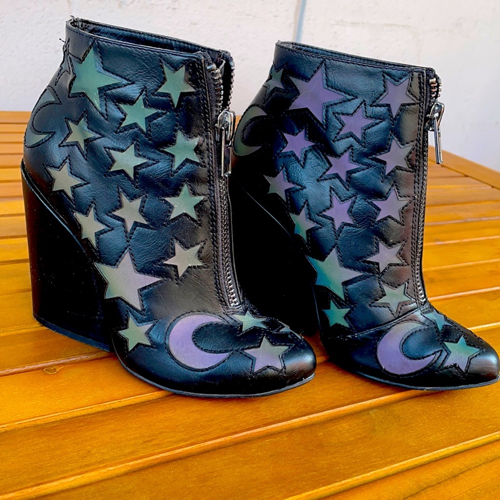 Black YRU heeled booties w/incandescent moon stars
